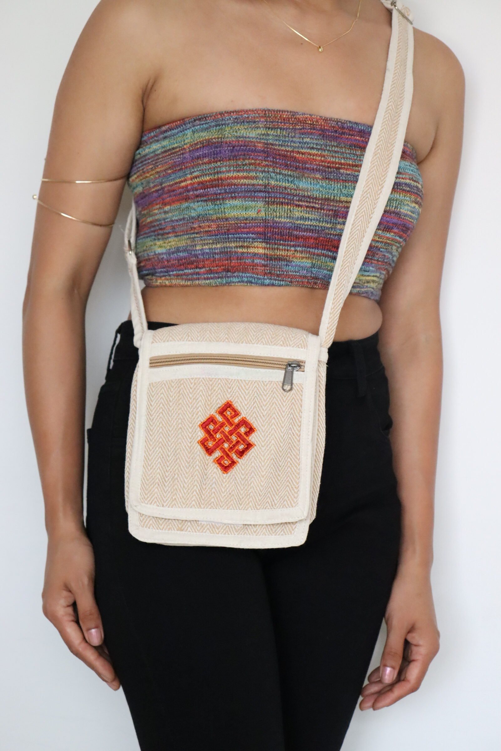 Bohemian Woven Crossbody Bag with Red Endless Knot Embroidery