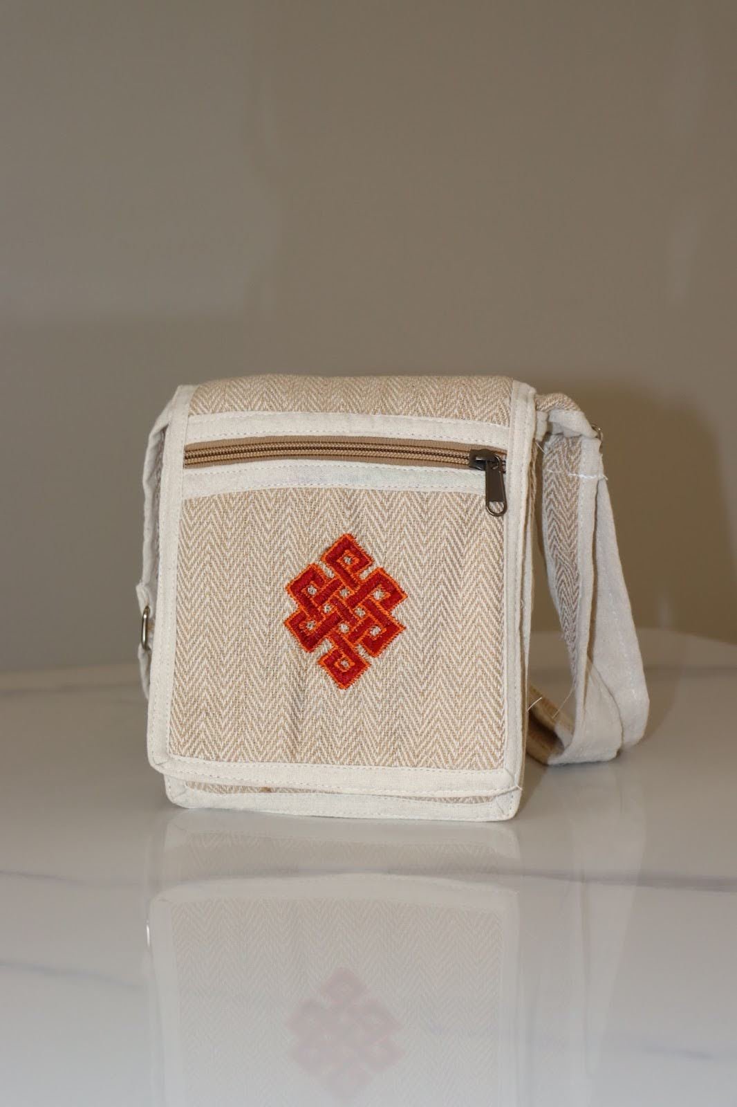 Bohemian Woven Crossbody Bag with Red Endless Knot Embroidery