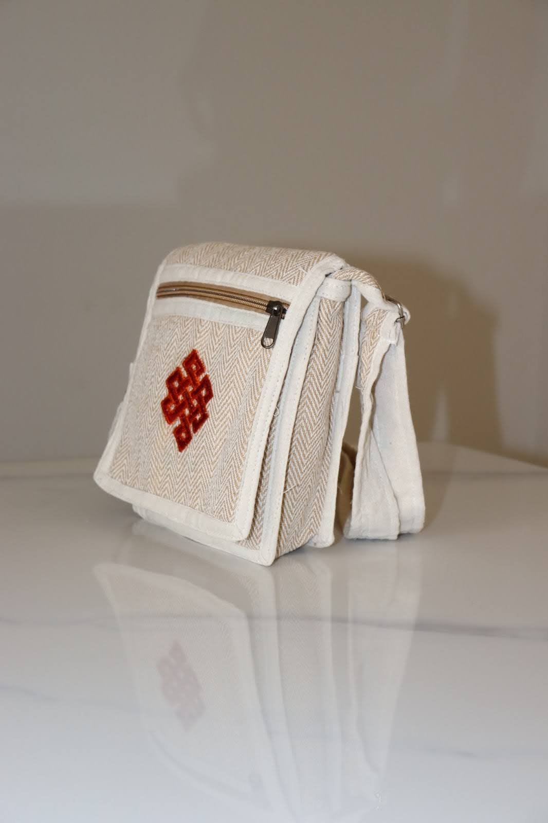 Bohemian Woven Crossbody Bag with Red Endless Knot Embroidery
