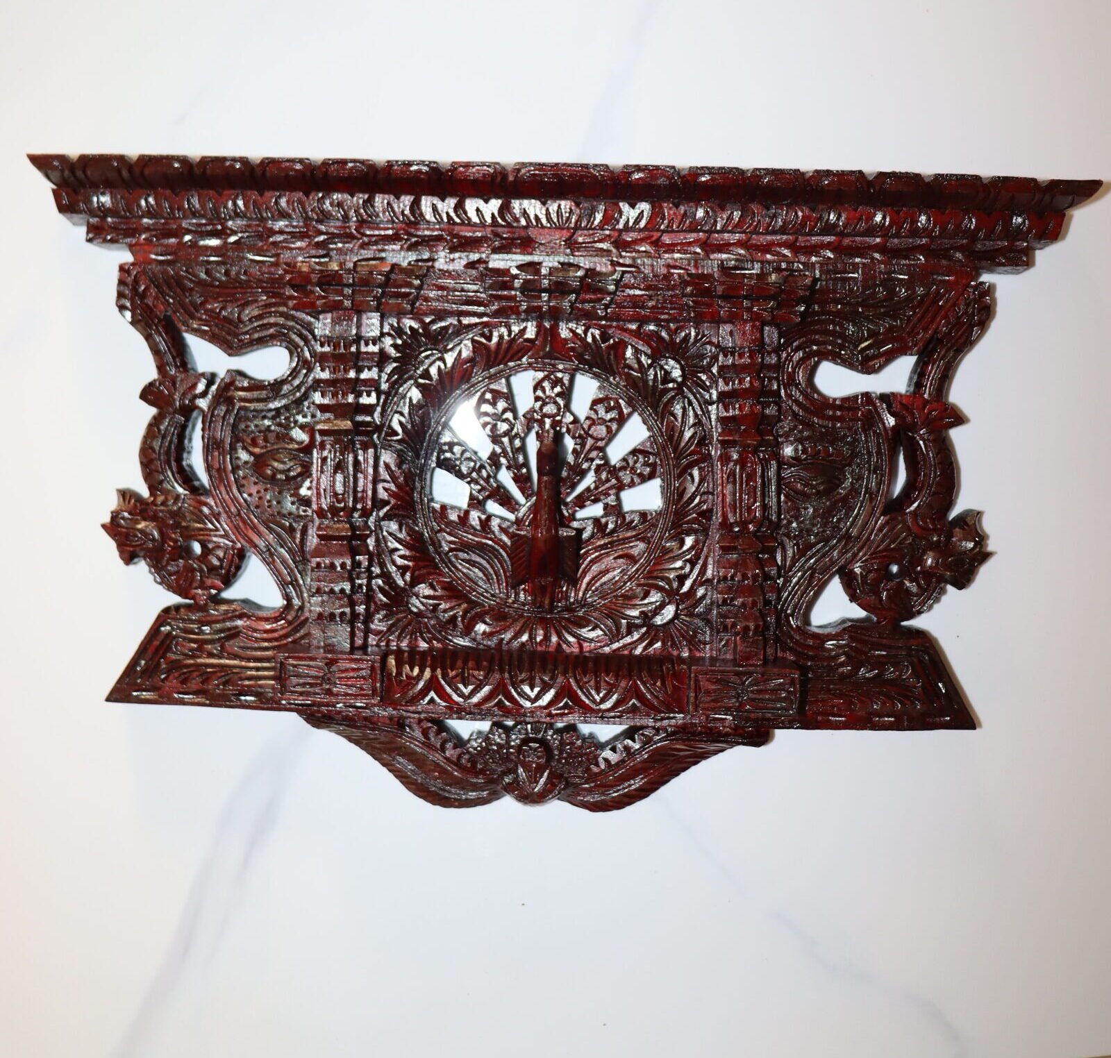 Hand-Carved Wooden Peacock & Dragon Window Carving