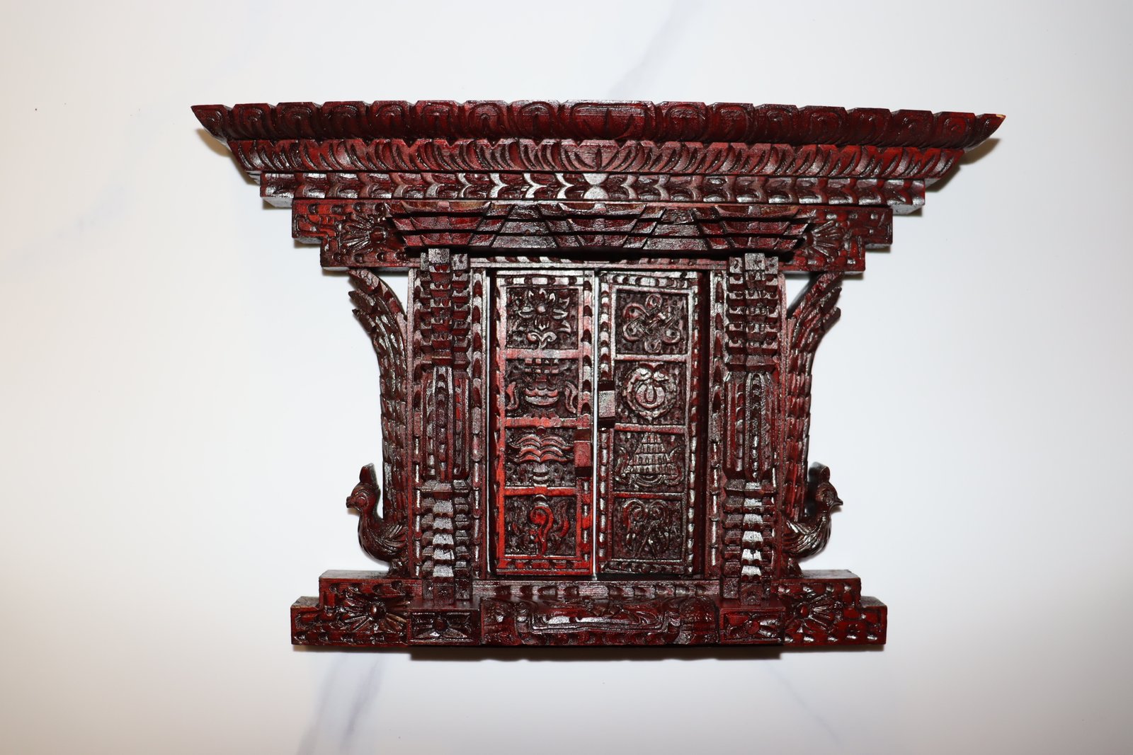 Hand-Carved Ashtamangala Wooden Door Carving (red)